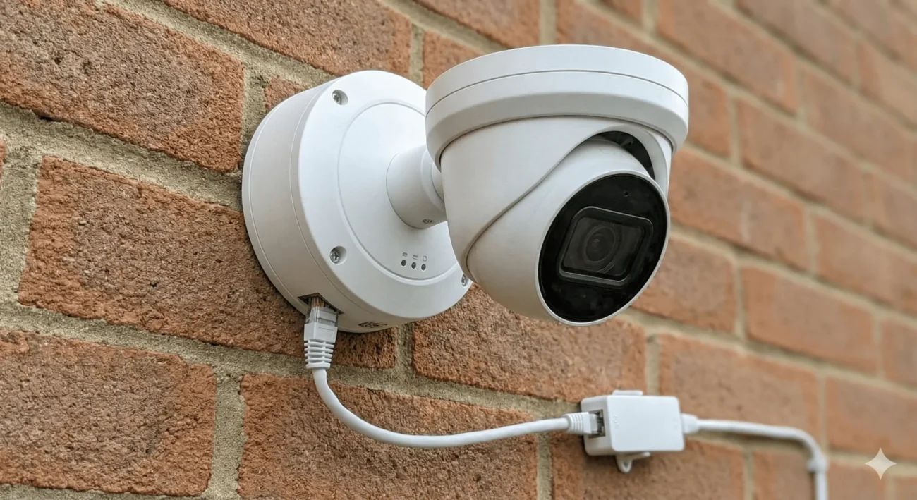 صورة واقعية لكاميرا مراقبة IP حديثة من نوع Dome مثبتة على حائط، توضح استخدام كابل شبكة إيثرنت واحد فقط لنقل البيانات والطاقة (PoE) دون الحاجة لمصدر كهرباء منفصل.