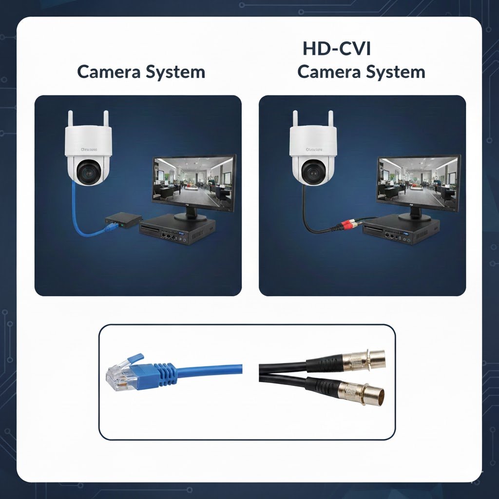 صيانة كاميرات المراقبة صورة توضيحية تقارن بين التوصيلات في نظام كاميرات المراقبة الشبكية (IP) ونظام HD-CVI التناظري، مع إبراز أنواع الكابلات المستخدمة (إيثرنت ومحوري) كأحد العناصر الأساسية في فحص أعطال الكاميرات وصيانتها.