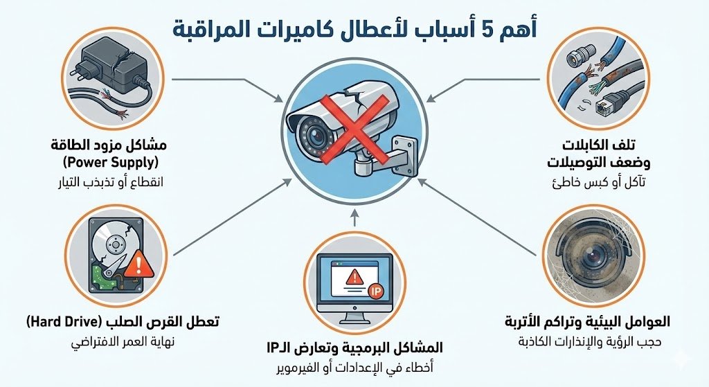 إنفوجرافيك يوضح مجموعة من الأعطال الشائعة مثل تشوش الصورة وتلف الأسلاك وضرورة صيانة كاميرات المراقبة لضمان استمرار التسجيل.